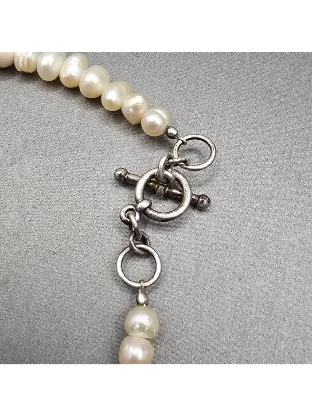 VTG White Graduated Baroque Pearl Necklace 22" Sterling Toggle Crystal Accents - Picture 7 of 13